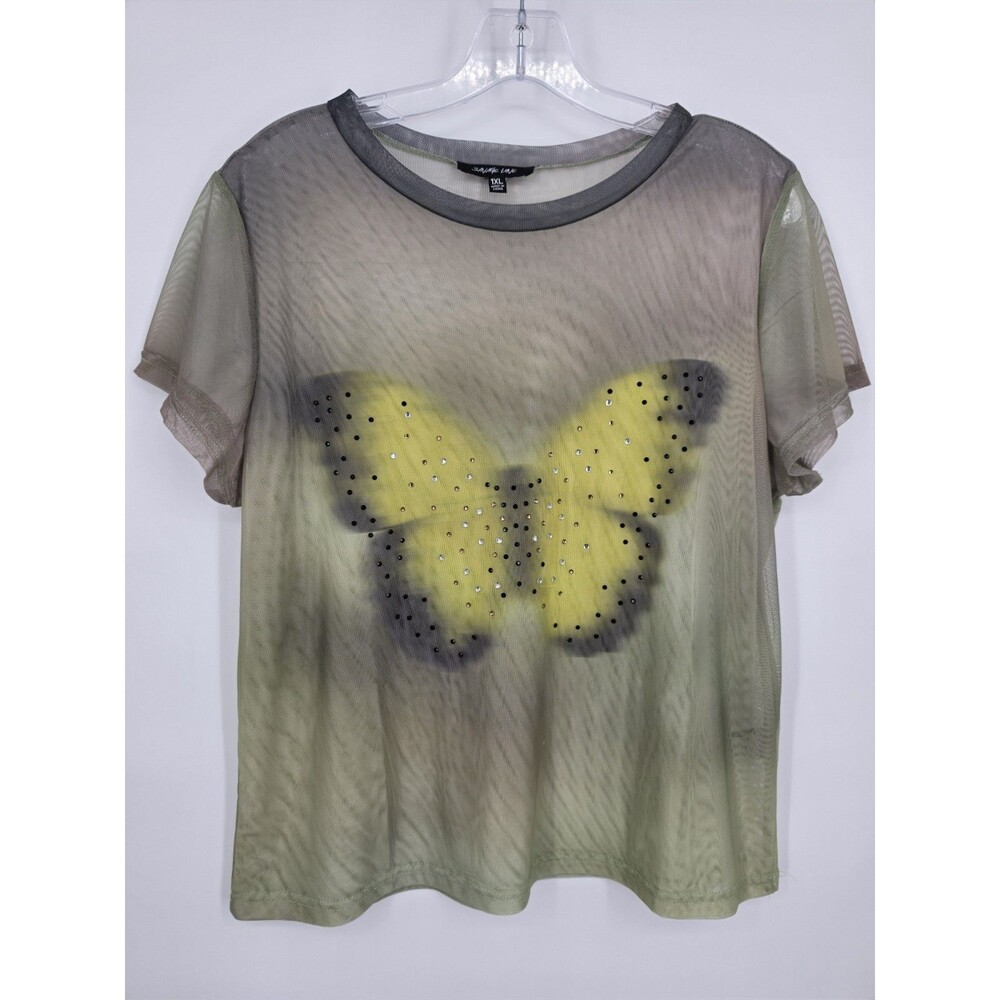 Savage Love Womens 1XL Sheer Mesh Butterfly Rhinestone Top Olive Gray Y2K Fairy